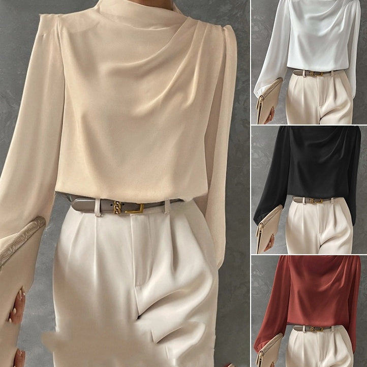 Solid Color Pleated Women's T-shirt Elegant Pullover Satin Top Commute Style Long Sleeve Top