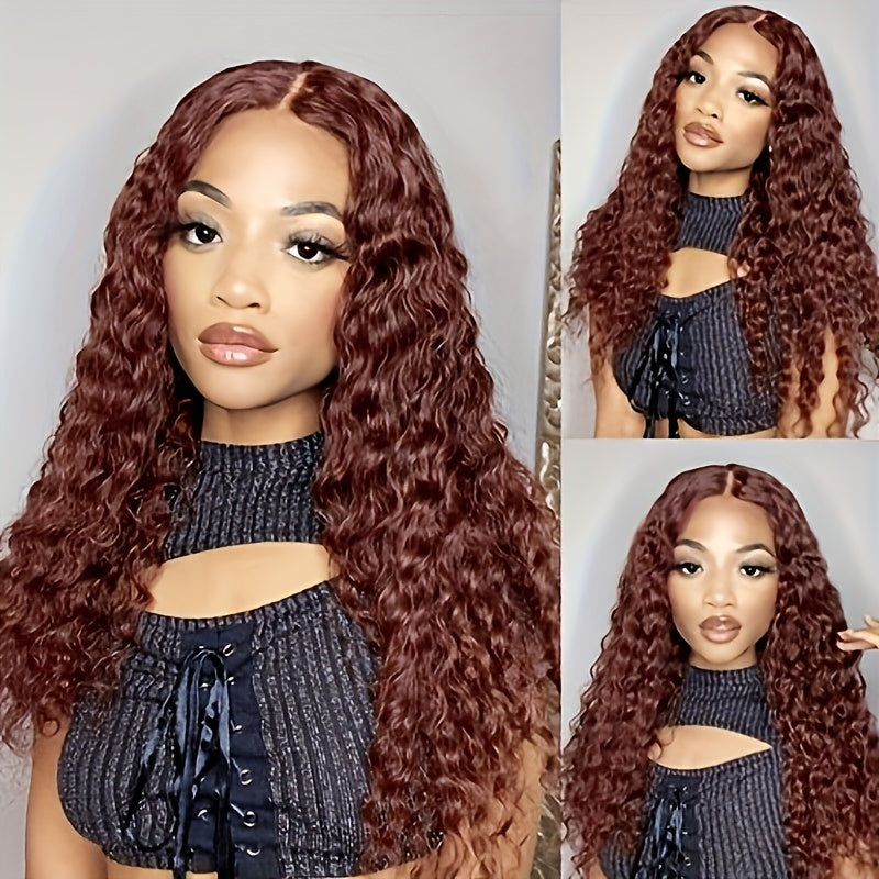 Reddish Brown Human Hair Water Weave Lace Front Wigs 13x4 HD Transparent Lace Frontal Wig #33 Colored Cooper Brown Curly Human Hair Wigs for Women Preplucked Hairline Remy Hair