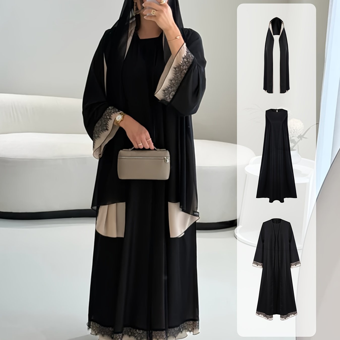 3pcs Middle Eastern Traditional Abaya & Hijab Set - Elegant Long Sleeve Muslim Prayer Robes with Lace Trim, All-Season Wear, Loose Flowing Hem, Solid Black & White