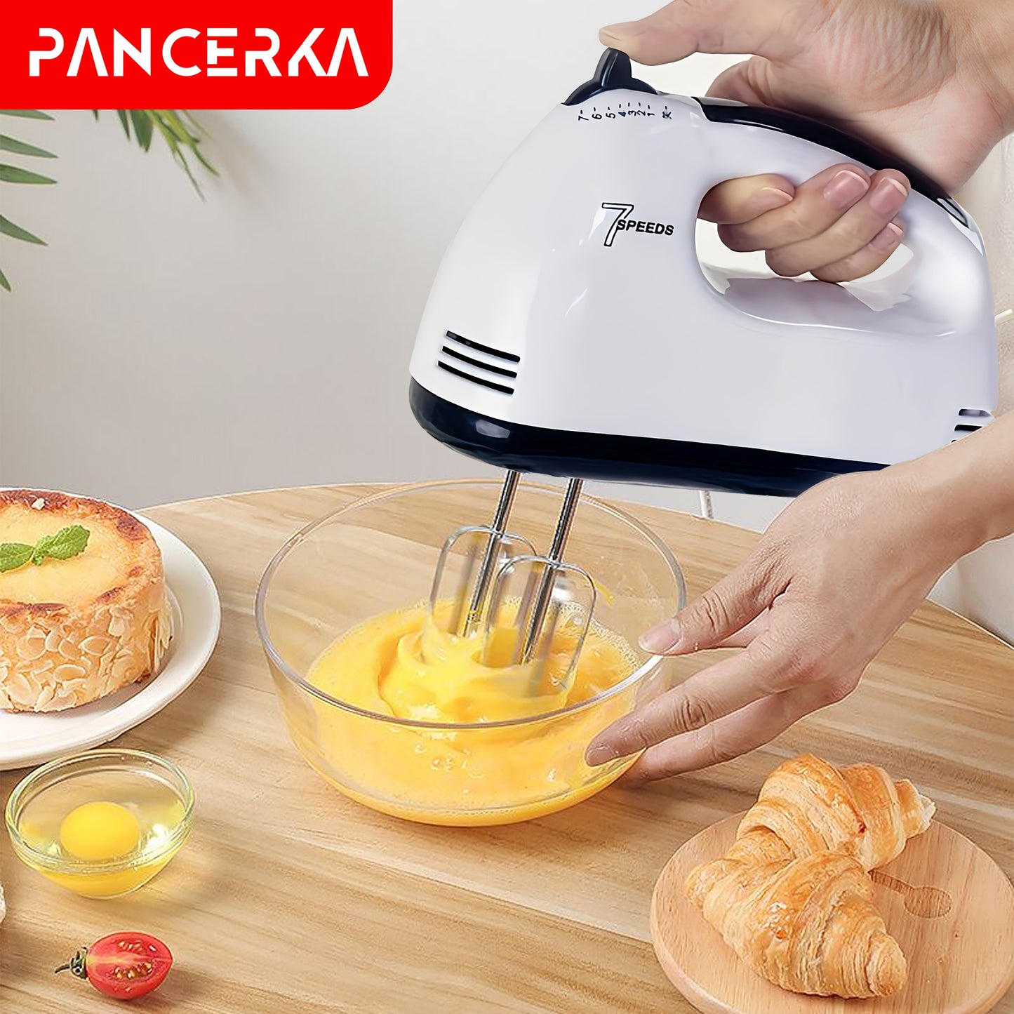 PANCERKA 7-Speed Electric Handheld Mixer with Beaters & Dough Hooks - Lightweight Ergonomic Design, Powerful Motor for Baking, Whisking, Beating Eggs - EU Plug (220V), Egg Whisking, Ergonomic Mixer, Durable Construction