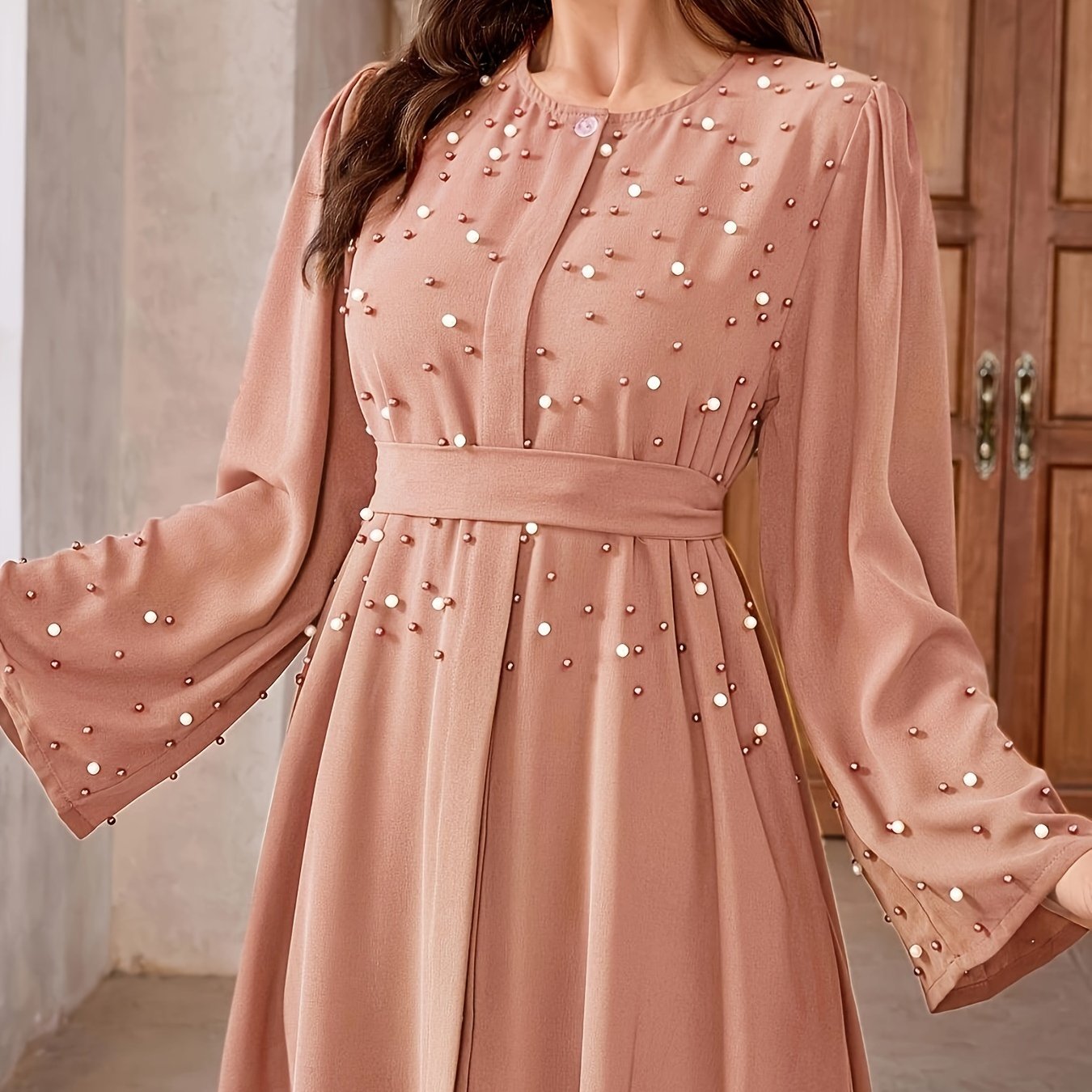 Elegant Navy Blue Abaya with Pearl Embellishments and Belt - Long Sleeve, Floor-Length Dress for Women, Perfect for Formal Occasions, Formal Attire|Elegant Abaya|Pearl Embellishments