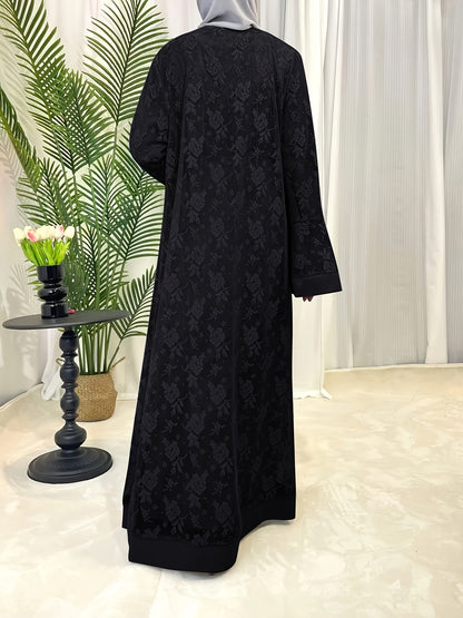 Elegant Black Lace Abaya with Contrast Lace Trim - Long Sleeve, Floor-Length, Belted, All-Season Wear, Traditional Middle Eastern Attire for Women, Cultural Attire|Elegant Abaya|Lace Trim Abaya