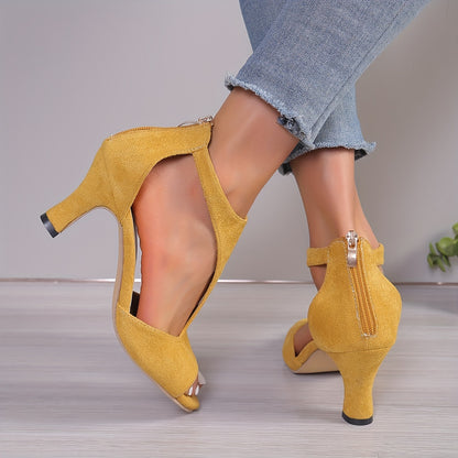 Chic Womens Peep Toe High Heel Sandals - Stylish T-strap, Comfortable Chunky Heel, Zipper Closure - Timeless Black for Versatile Wear