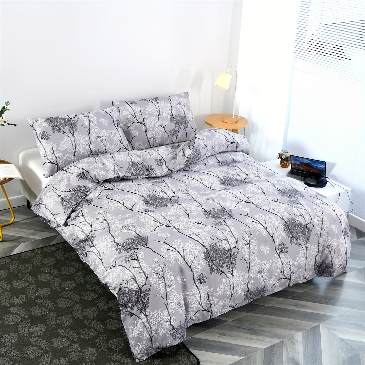 3pcs Botanical Floral Print Silver Gray Theme Bedding Set, Suitable for Bedroom, Guest Room, One Duvet Cover + Two Pillowcases, No Insert