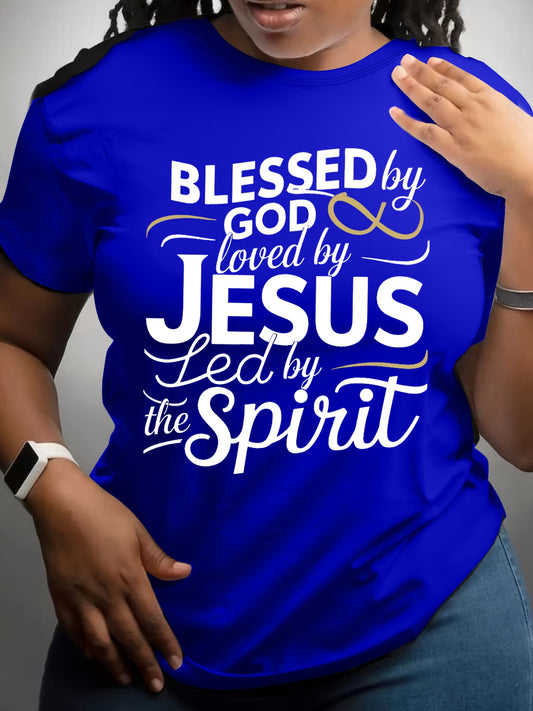 Plus Size Women's Casual Short Sleeve T-Shirt - Vibrant Blue Geometric Print with Inspirational Religious Quote, Round Neck, Medium Stretch Fabric, Machine Washable for Spring/Summer, Ladies T Shirts, Spring Fashion, Raglan S