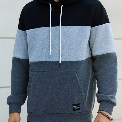 Men's Casual Color Block Hoodie - Soft Polyester, Long Sleeve with Kangaroo Pocket, Drawstring Hood, Ideal for Fall/Winter Streetwear, Casual Streetwear|Hooded Sweatshirt|Polyester Hoodie, Sweater Hoodie