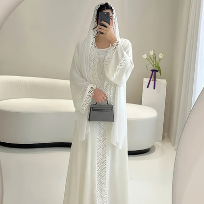 3pcs Elegant Muslim Women'S Abaya Set with Sleeveless Vest Skirt, Headscarf, and Belt - Black Lace Trim, Long Sleeve, Solid Color, All-Season Wear, Modest Fashion for Ramadan, Elegant Attire|Traditional Attire|Lace Trim Detai