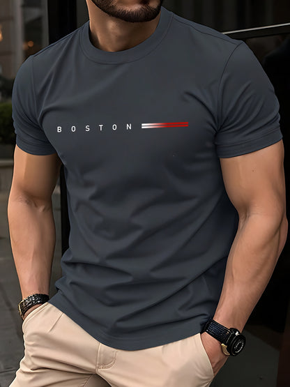 Men's 180gsm Heavyweight 100% Cotton T-Shirt with Boston Lettering Print - Casual Round Neck Short Sleeve, Regular Fit All-Season Comfort, White & Black Contrast Design for Everyday & Semi-Formal Wear - Boston-Themed Apparel
