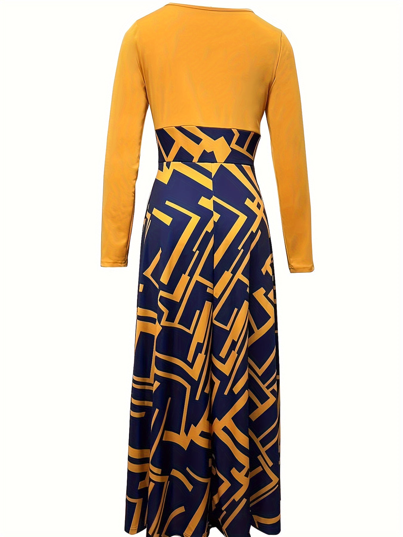 & Geo Print Dress, Casual Long Sleeve Ruffle Hem Slim Maxi Dress, Women's Clothing