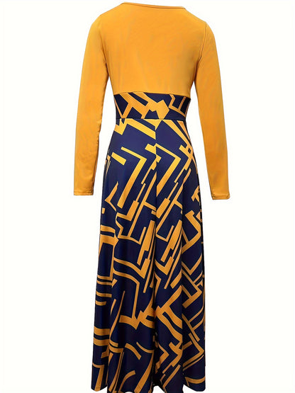 & Geo Print Dress, Casual Long Sleeve Ruffle Hem Slim Maxi Dress, Women's Clothing