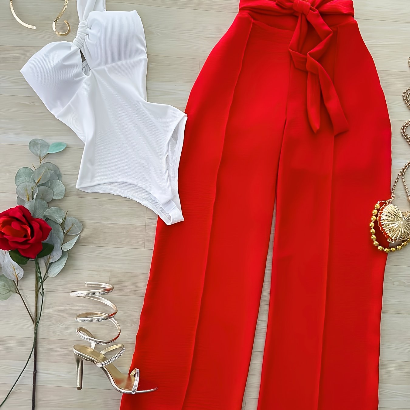 2pcs Set: White One-Shoulder Cinched Waist Bodysuit + Red Wide-Leg Pants with Tie | Elegant Solid Color, Sleeveless, Lace-Up Detail, Regular Fit for Spring/Summer