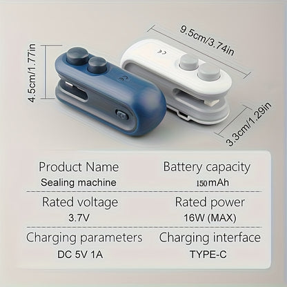 1 Portable Handheld Snack Bag Sealer with Built-in Lithium Battery | Mini Sealer for Picnics and Outings, Magnetic, Includes Charging Cable, 16W Power, Ideal for Chip Bags, Cookie Bags, Reusable Snack Packaging