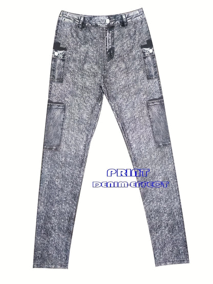 【imitation denim】[imitation Faux Denim][Faux Denim Print/Imitation Faux Denim] Women'S Non-Cow Faux Denim-Like Leggings - Stretchy Skinny Pants with Elastic Waistband, All-Season Tight Fit for Casual, Formal, Everyday Out