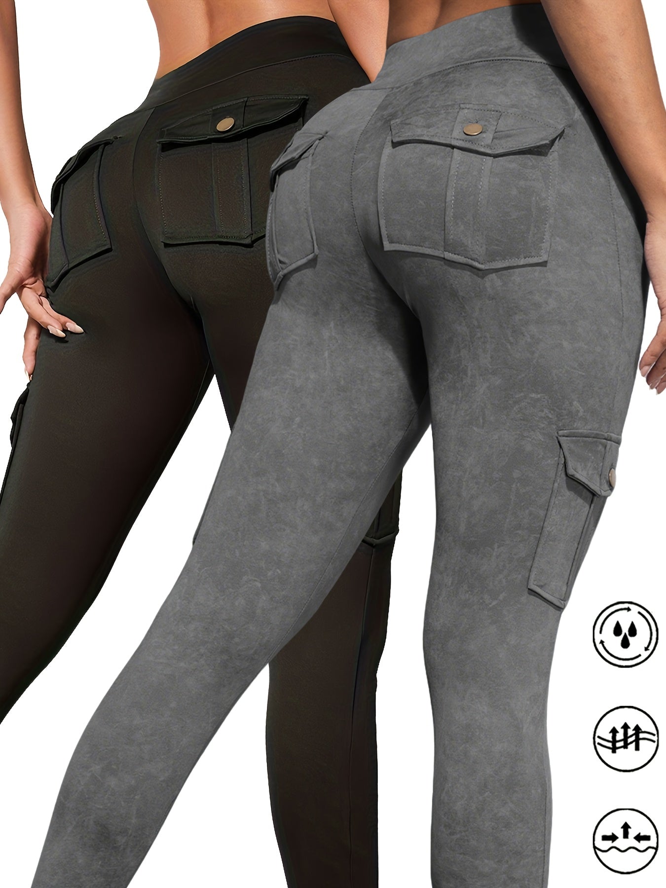 2pcs Women'S Cargo Leggings with Side Pockets - Olive Green & Black, Elastic Waistband, Mid-Rise, Stretchy Polyester Blend, Perfect for Outdoor & Casual Wear, Spring/Summer Collection, Versatile Clothing | Side Pocket Legging