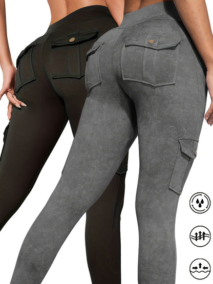 2pcs Women'S Cargo Leggings with Side Pockets - Olive Green & Black, Elastic Waistband, Mid-Rise, Stretchy Polyester Blend, Perfect for Outdoor & Casual Wear, Spring/Summer Collection, Versatile Clothing | Side Pocket Legging