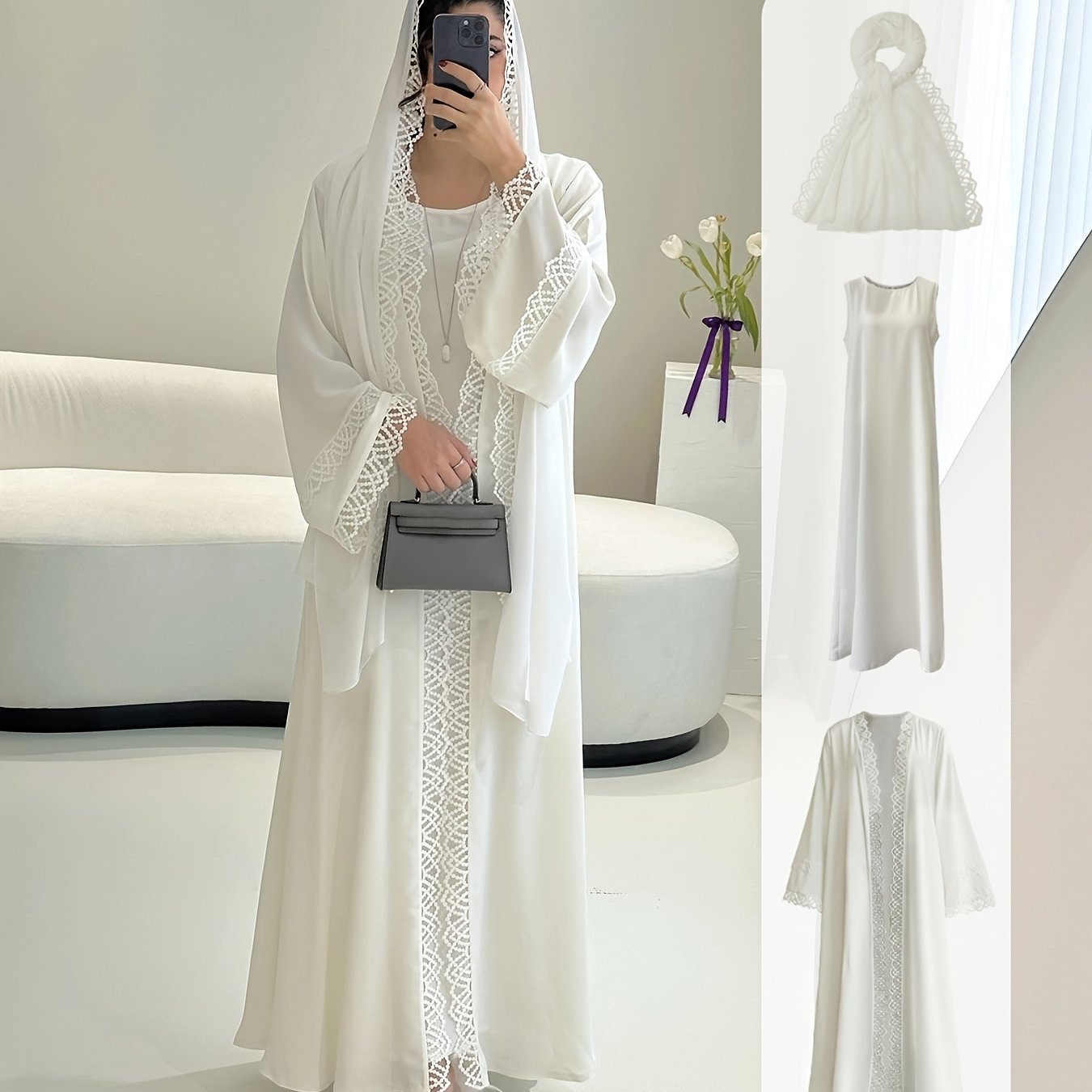 2pcs Elegant Traditional Abaya with Lace Trim and Sleeveless Vest Skirt Set, Headscarf, Long Sleeve, Solid Color, All-Season Wear, No Belt, for Ramadan, Cultural Attire|Elegant Abaya|Lace Trim Abaya, Gulf Abaya For Women Eleg