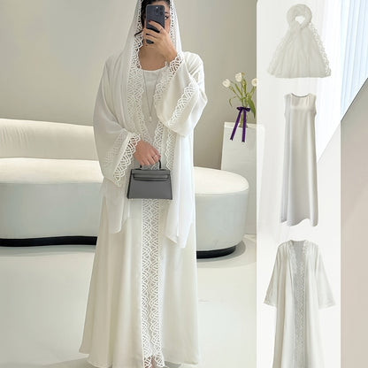 2pcs Elegant Traditional Abaya with Lace Trim and Sleeveless Vest Skirt Set, Headscarf, Long Sleeve, Solid Color, All-Season Wear, No Belt, for Ramadan, Cultural Attire|Elegant Abaya|Lace Trim Abaya, Gulf Abaya For Women Eleg