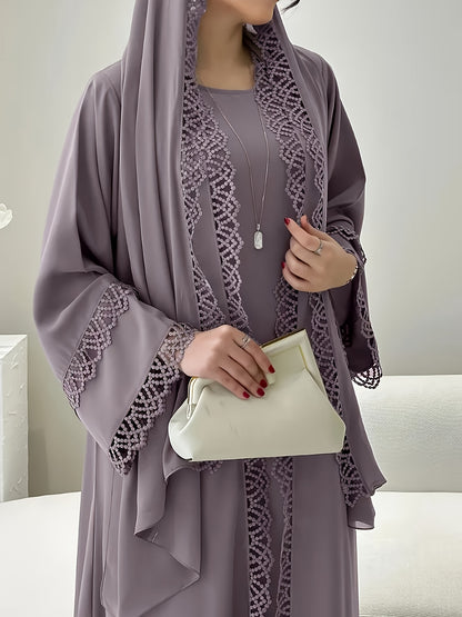 3pcs Elegant Muslim Women'S Abaya Set with Sleeveless Vest Skirt, Headscarf, and Belt - Black Lace Trim, Long Sleeve, Solid Color, All-Season Wear, Modest Fashion for Ramadan, Elegant Attire|Traditional Attire|Lace Trim Detai