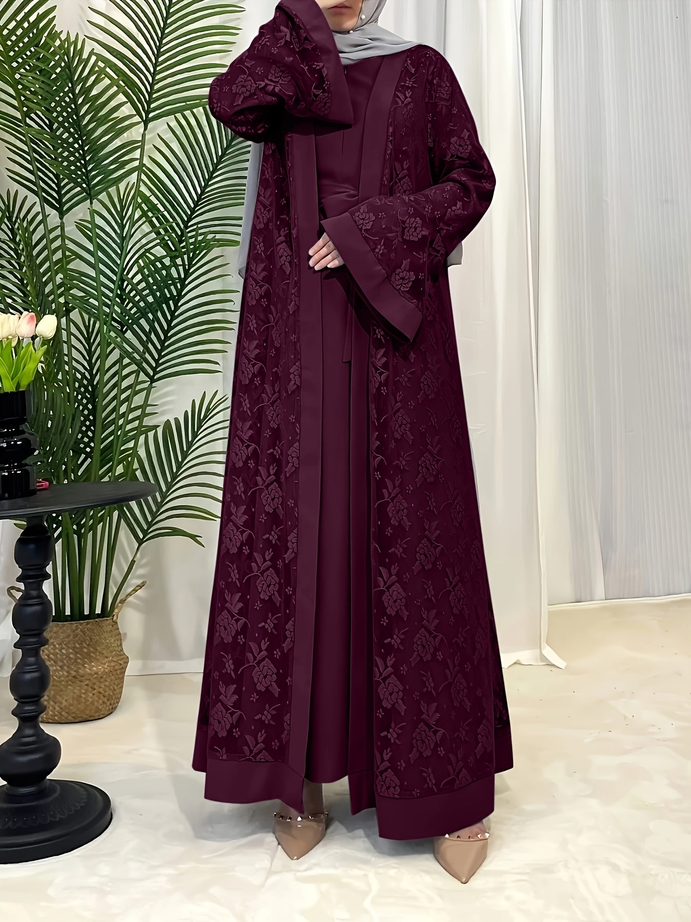 Elegant Black Lace Abaya with Contrast Lace Trim - Long Sleeve, Floor-Length, Belted, All-Season Wear, Traditional Middle Eastern Attire for Women, Cultural Attire|Elegant Abaya|Lace Trim Abaya