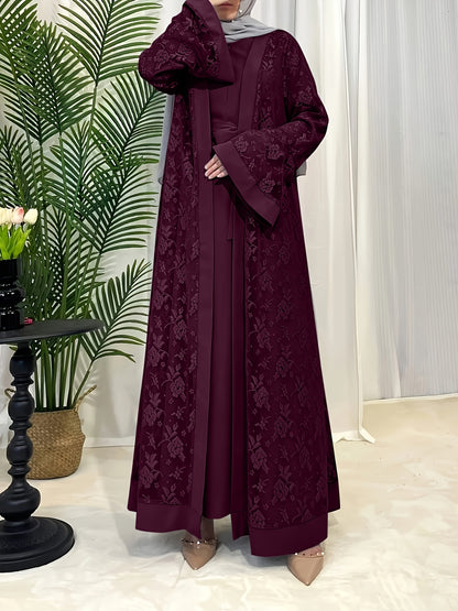 Elegant Black Lace Abaya with Contrast Lace Trim - Long Sleeve, Floor-Length, Belted, All-Season Wear, Traditional Middle Eastern Attire for Women, Cultural Attire|Elegant Abaya|Lace Trim Abaya