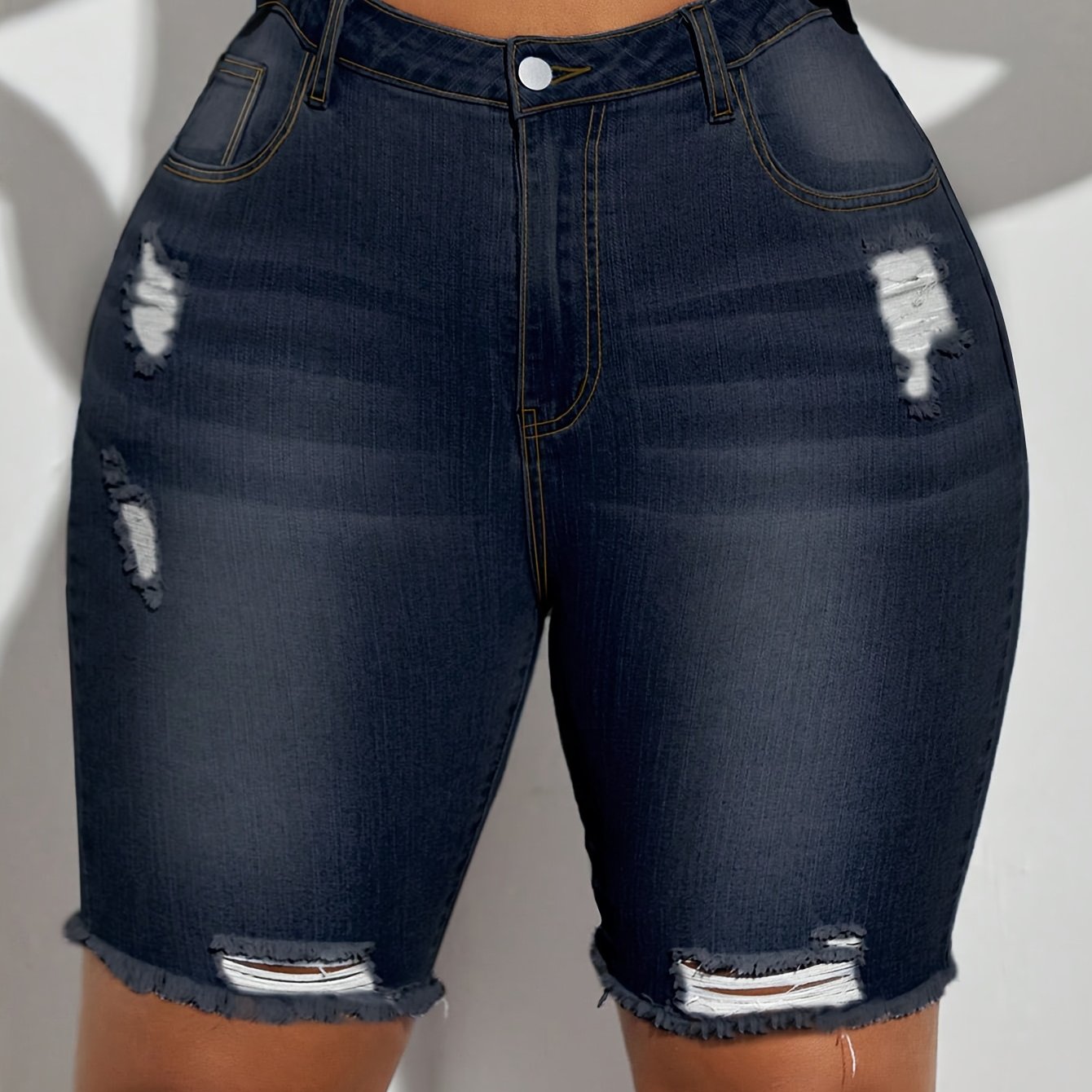 Women&apos;s Plus Size Dark Washed Denim Shorts - Stretchy Slim Fit Casual Shorts with Button Closure, Machine Washable for Spring/Summer