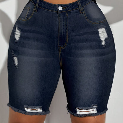 Women&apos;s Plus Size Dark Washed Denim Shorts - Stretchy Slim Fit Casual Shorts with Button Closure, Machine Washable for Spring/Summer