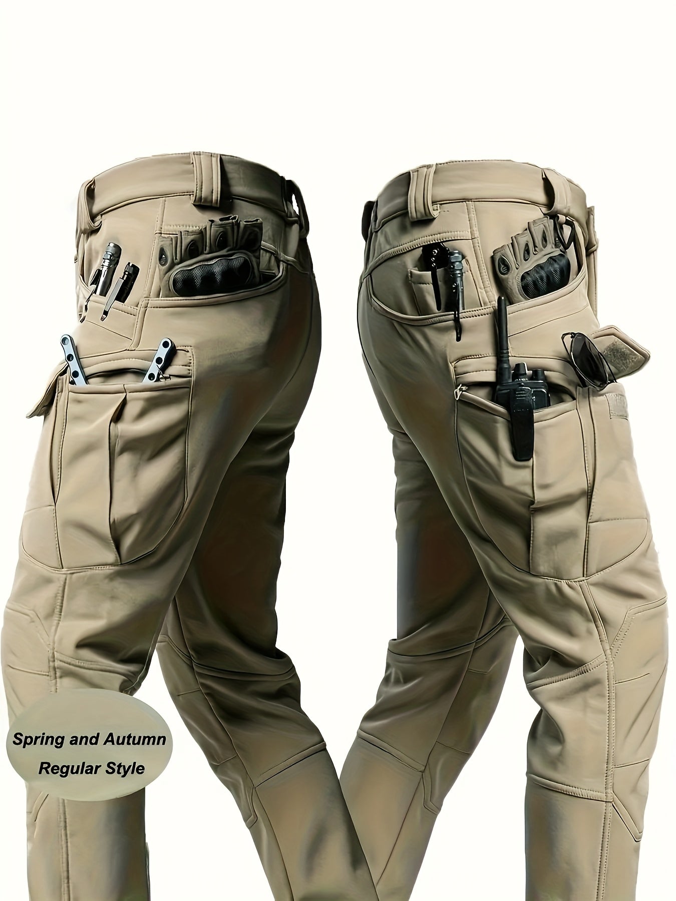 Men's Multi-Pocket Work Pants - Men's Outdoor Casual Tactical Trousers - 90.7% Polyester, 9.3% Spandex - Durable Fabric with Elastic Waist - Regular Fit, Machine Washable - Spring/Autumn Casual Attire Hiking Longs