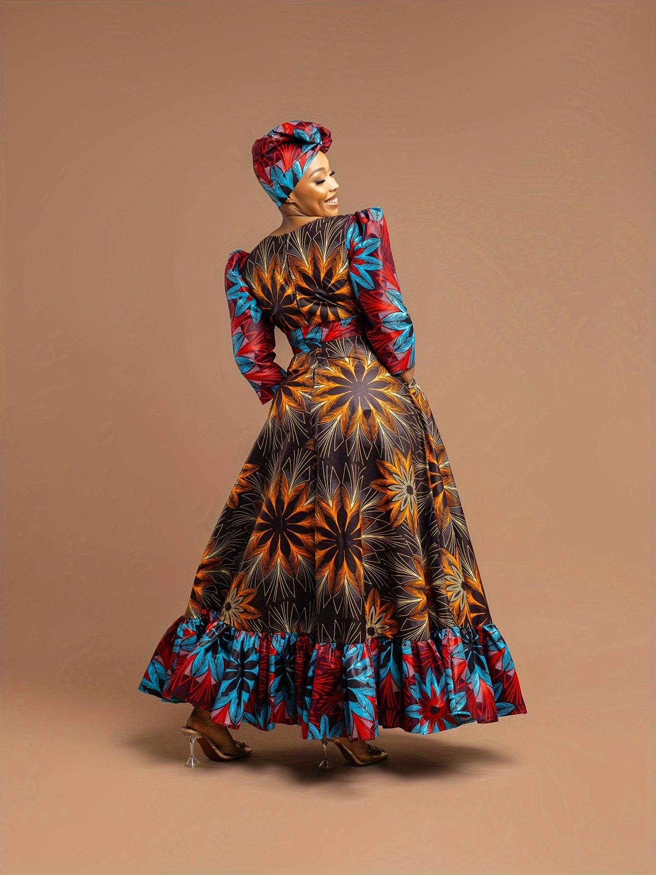 [Plus Size Floral Dress] Vibrant Plus Size Women's Floral Print Maxi Dress | Machine Washable, Fitted Long Sleeve, Front Bow Tie Waist | Spring/Fall, Ditsy Floral Print, Stylish Ruffle Detailing, Blue Red Yellow Orange Black