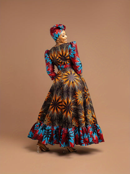 [Plus Size Floral Dress] Vibrant Plus Size Women's Floral Print Maxi Dress | Machine Washable, Fitted Long Sleeve, Front Bow Tie Waist | Spring/Fall, Ditsy Floral Print, Stylish Ruffle Detailing, Blue Red Yellow Orange Black