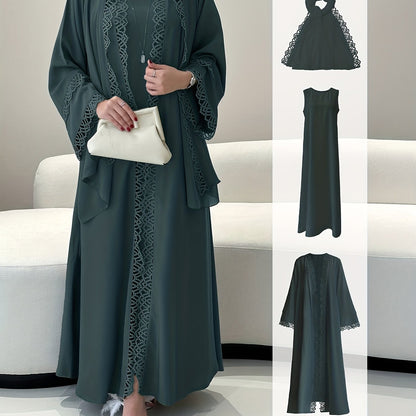 2pcs Elegant Traditional Abaya with Lace Trim and Sleeveless Vest Skirt Set, Headscarf, Long Sleeve, Solid Color, All-Season Wear, No Belt, for Ramadan, Cultural Attire|Elegant Abaya|Lace Trim Abaya, Gulf Abaya For Women Eleg