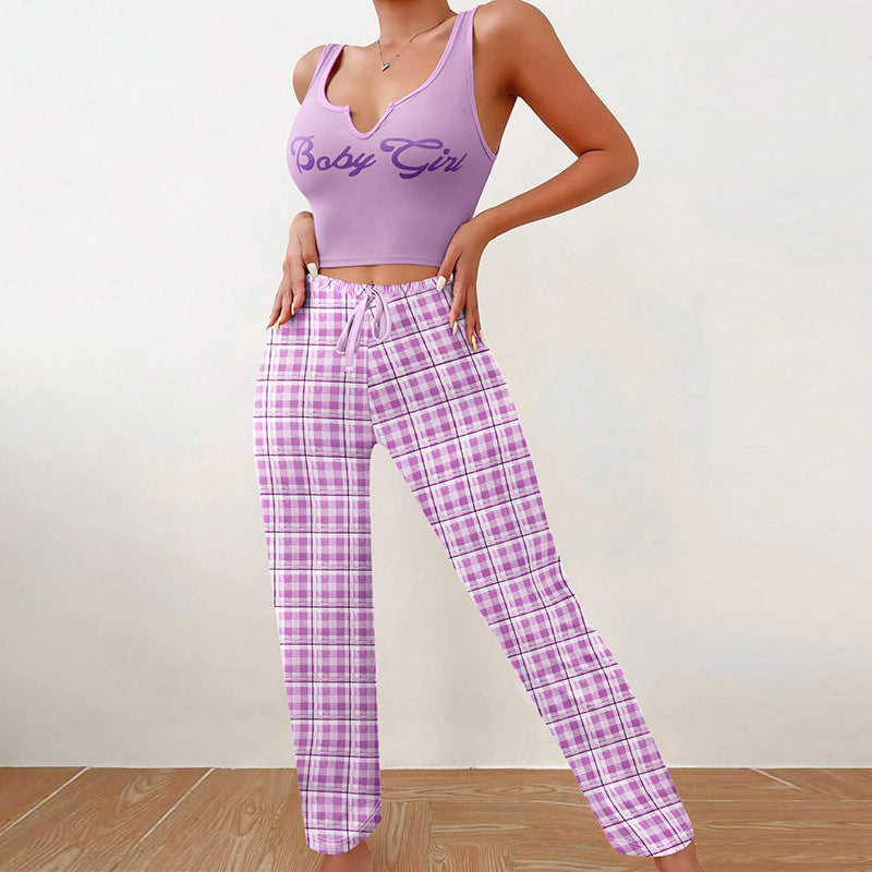 Spring Summer Women's Casual Pajamas Home Wear Vest Color Matching Plaid Trousers Letter Print Top Ladies 2 Pcs Home Clothes Sleepwear