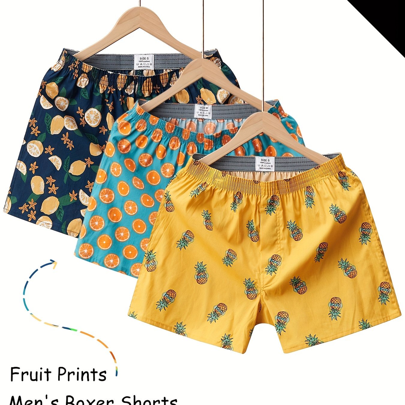 3 Pieces of Men's Comfortable Cotton Fruit Pattern Full Print Boxer Shorts with Breathable Fabric and Relaxed Fit for Everyday Wear