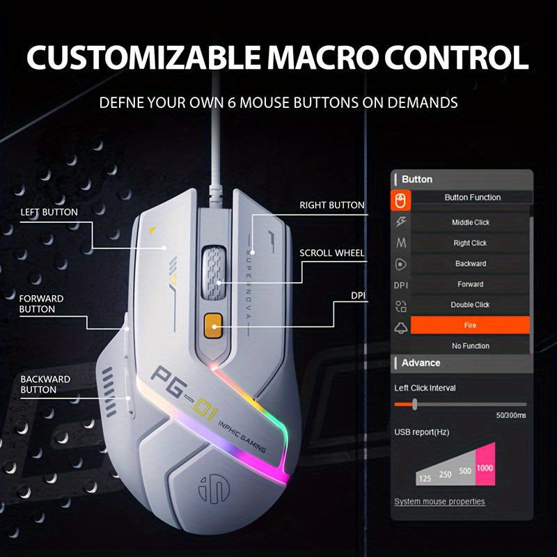 1pc INPHIC PG1 Wired Gaming Mouse, Ergonomic Design, Macro Programming, RGB Backlit, Optical Tracking, USB Plug-in, Windows 10 Compatible, Right-Handed, Plastic, No Battery Required
