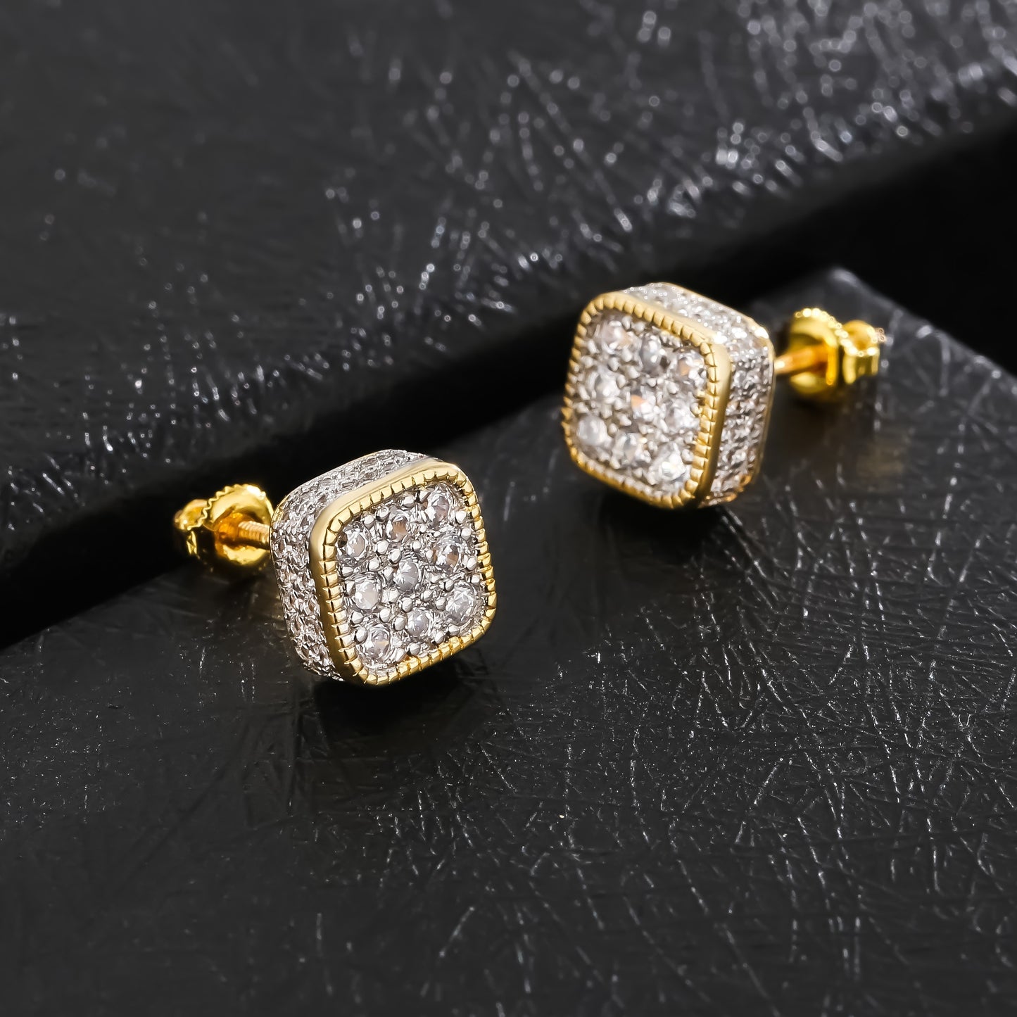 Golden Micro Pave Cubic Zircon Hip Hop Geometry Square Stud Earrings - Iced Out Bling Fashion Jewelry with Geometric Design, Square Shape, and Durable Construction - Perfect for Everyday Wear and Special Occasions