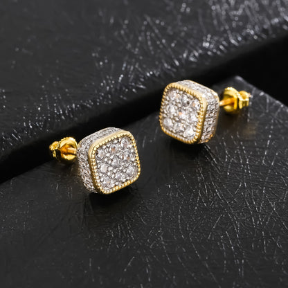Golden Micro Pave Cubic Zircon Hip Hop Geometry Square Stud Earrings - Iced Out Bling Fashion Jewelry with Geometric Design, Square Shape, and Durable Construction - Perfect for Everyday Wear and Special Occasions