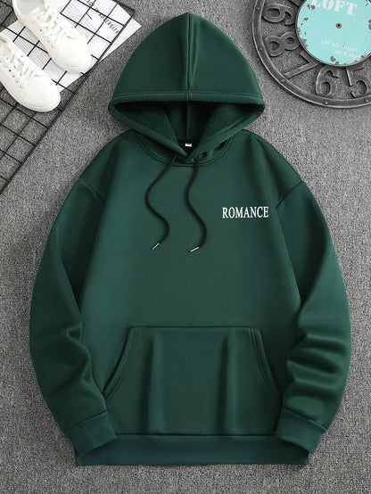 Men'S Casual Hooded Sweatshirt with "ROMANCE" Graphic Print - Loose Fit, Long Sleeve, Front Pocket, Perfect for Fall/Winter, Casual Wear Hoodie, |relaxed Fit Hoodie|front Pocket Hoodie, Sweater Hoodie
