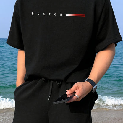 Men's 180gsm Heavyweight 100% Cotton T-Shirt with Boston Lettering Print - Casual Round Neck Short Sleeve, Regular Fit All-Season Comfort, White & Black Contrast Design for Everyday & Semi-Formal Wear - Boston-Themed Apparel