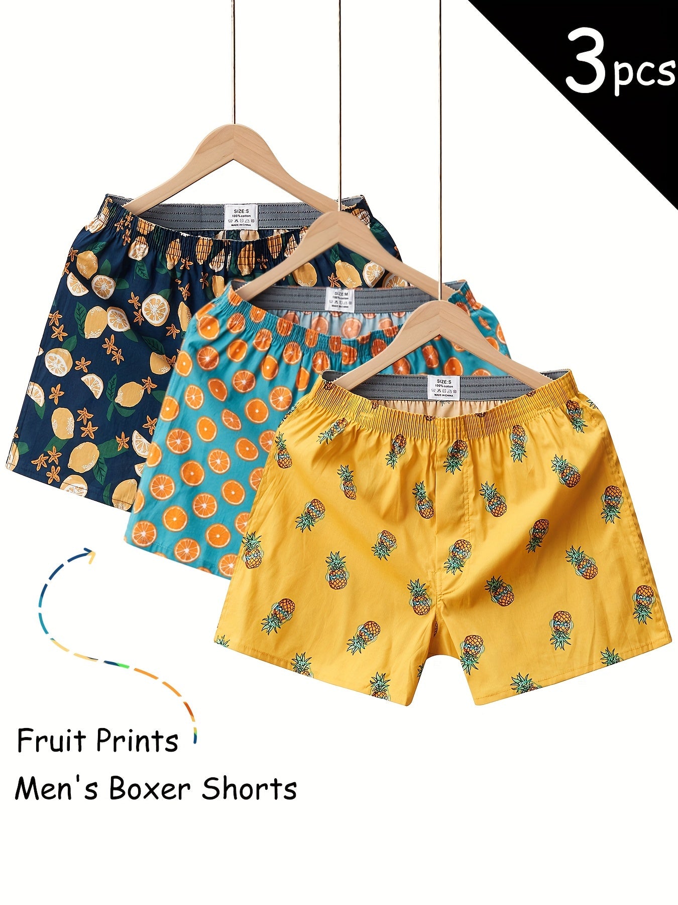3 Pieces of Men's Comfortable Cotton Fruit Pattern Full Print Boxer Shorts with Breathable Fabric and Relaxed Fit for Everyday Wear