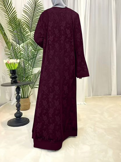 Elegant Black Lace Abaya with Contrast Lace Trim - Long Sleeve, Floor-Length, Belted, All-Season Wear, Traditional Middle Eastern Attire for Women, Cultural Attire|Elegant Abaya|Lace Trim Abaya