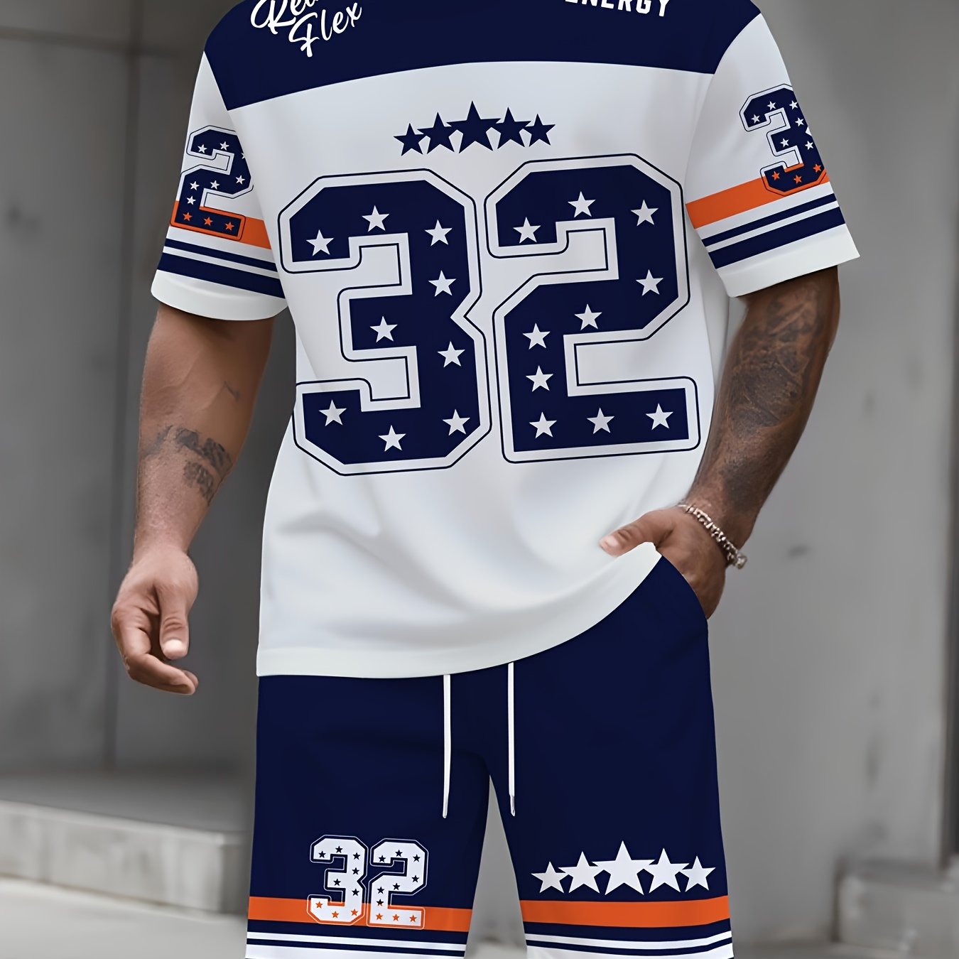 2pcs Set Men's Oversized Number 32 Jersey-like Matching Tunic & Athletic Shorts - Breathable White & Navy Blue with Orange Stripe Design, Number 32 Print, Drawstring Waist Casual & Sports Wear - Gym,, Birthday Party Outfit -