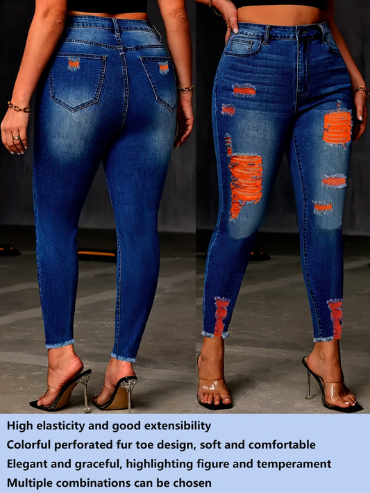 Oversized jeans cross-border exclusive new Women's jeans, high stretch jeans, casual jeans, jeans, small toe jeans, ripped jeans, colorful ripped jeans, hairy toe jeans, jeans and clothing
