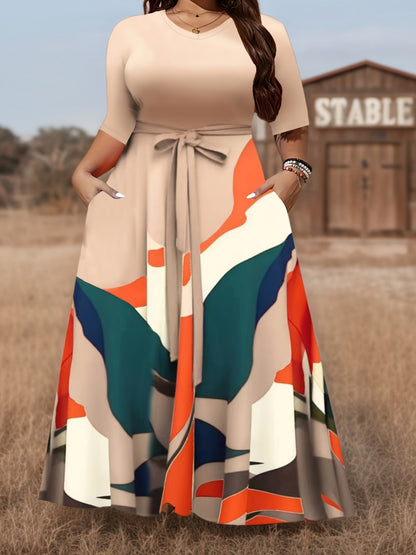 Plus Size Women'S Elegant V-Neck Dress with Contrast Print, 3/4 Sleeve Long Tunic Dress with Pockets and Adjustable Waist Belt - Perfect for Casual Outings, Spring/Summer/Fall, Casual Outing Attire|Vibrant Print Dress|Pockets