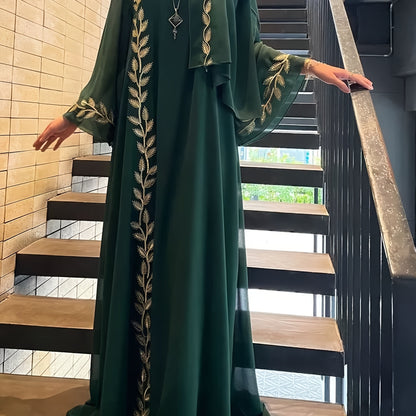 2pcs set of Middle Eastern clothing, fashionable street style, pink round collar embroidered long robe + headscarf