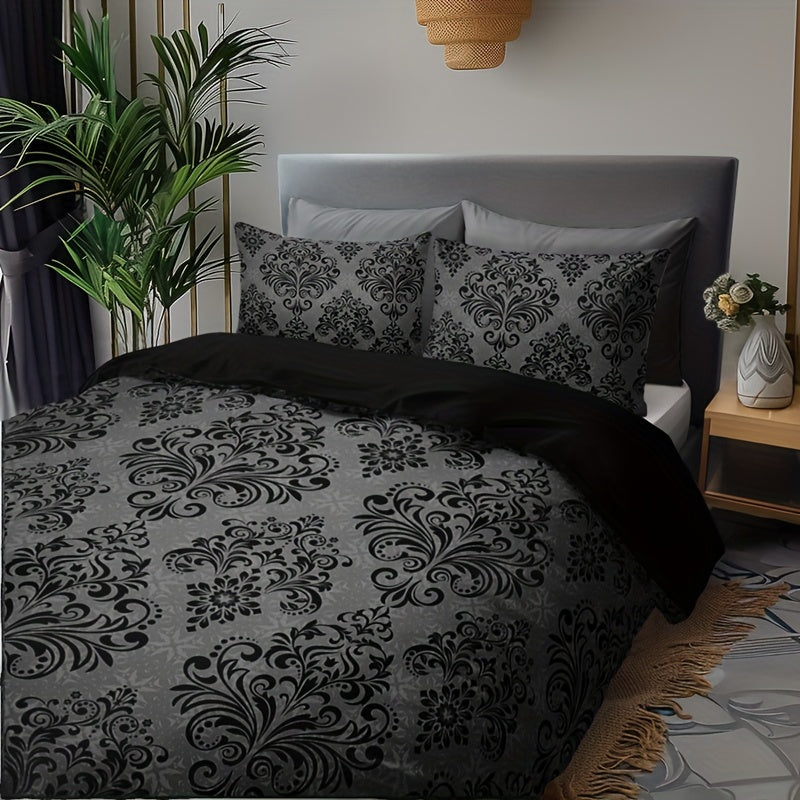 3pcs Black and Gray Floral Pattern Duvet Cover Set - 1 Duvet Cover + 2 Pillowcases, High-Definition Print, Polyester, All-Season Comfort, Machine Washable, Ideal for Home and Dorm Use, Dorm Room Essentials|Floral Pattern Bedd