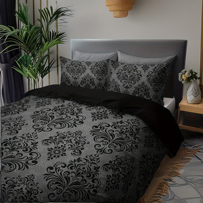 3pcs Black and Gray Floral Pattern Duvet Cover Set - 1 Duvet Cover + 2 Pillowcases, High-Definition Print, Polyester, All-Season Comfort, Machine Washable, Ideal for Home and Dorm Use, Dorm Room Essentials|Floral Pattern Bedd
