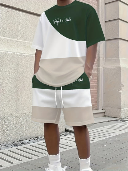 1 set of 2pcs 3D letter print stylish three-color Men's summer fresh T-shirt and shorts set, made from stretchy polyester knit fabric, regular fit, suitable for outdoor activities and family gatherings