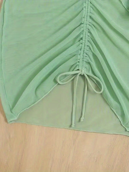 3-Piece Green Halter Bikini Set - Adjustable Neckline, High Cut Bottom, Long Sleeve Drawstring Cover Up Dress - Trendy Womens Swimwear for Beach Style