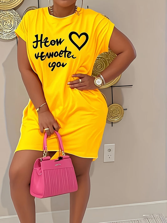 Casual Letter Print Pocket Women's Short Sleeve Midi Dress Solid Color Batwing Sleeve Skirt