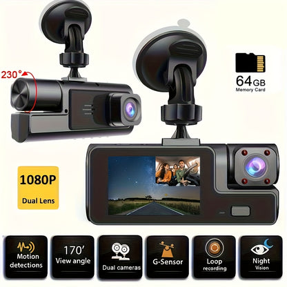 A Car Dash Cam with Memory Card Included, Optional Without Memory Card, 1080P Front Camera, 720P Rear Camera, Infrared Night Vision, Loop Recording