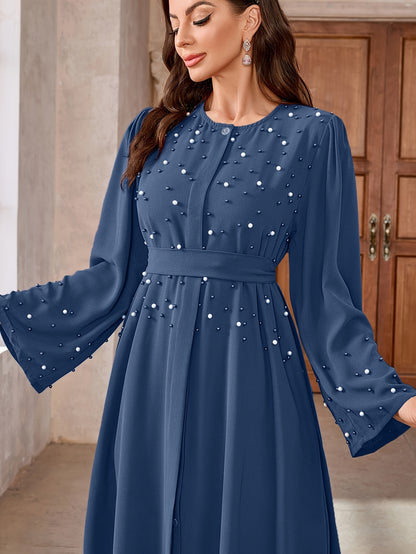 Elegant Navy Blue Abaya with Pearl Embellishments and Belt - Long Sleeve, Floor-Length Dress for Women, Perfect for Formal Occasions, Formal Attire|Elegant Abaya|Pearl Embellishments